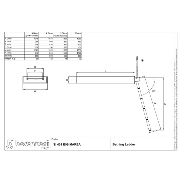 Besenzoni SI401 Escalera de baño hidráulico de acero inoxidable con recubrimiento blanco