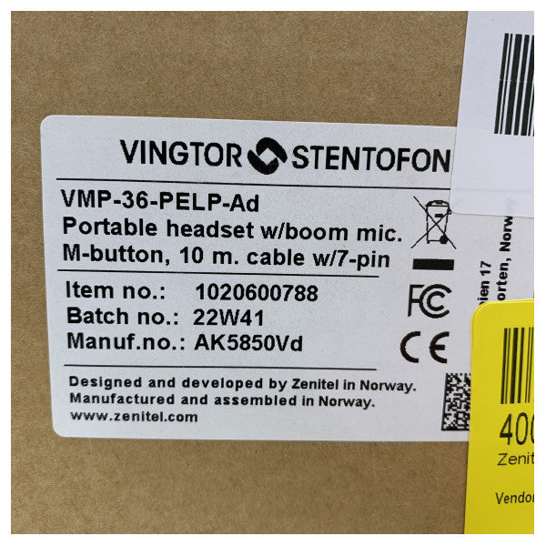 Casque Zenitel avec microphone à perche, serre-tête et câble de 10 m - VMP-36-PELP-AD 