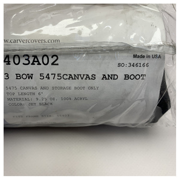 The Carver 3 bow 73 to 78 inch jet black canvas bimini cover - 403A02 is a protective cover made of jet black canvas that fits over a 3-bow frame measuring between 73 and 78 inches.