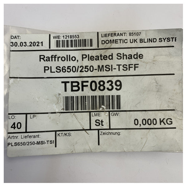 Dometic PLS650/250-MSI-TSFF Cortina Plisada para Barcos de Vela - 650 x 250 mm 