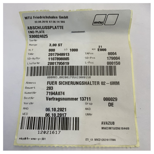 MTU X00024625 フューズホルダー用エンドプレート オレンジ 