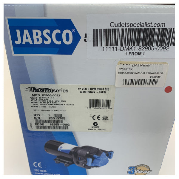 Jabsco 82905-0092 Hotshot dekkvaskepumpe kit 5.0 12V 18.9L/M 