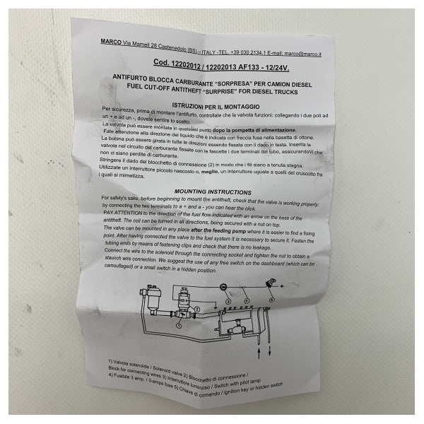 マルコ AF133 燃料シャットオフバルブ 12V - 122 020 12 - 7032-12V