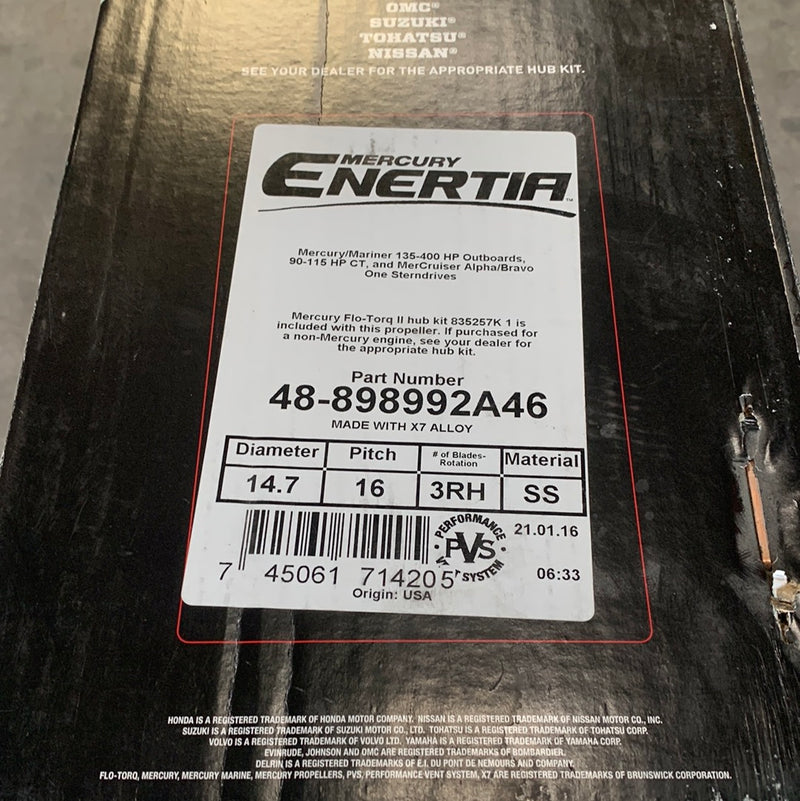 Mercury Enertia Edelstahl 3-Blatt Propeller 14.7 x 16 Pitch RH