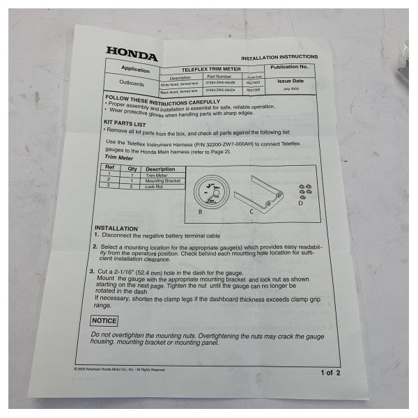 Jauge de trim du moteur Honda Marine 37260-ZW5-003SK Argent 