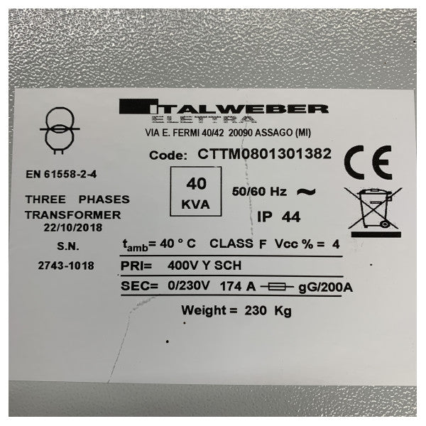 Italweber 3-Phasen-Transformator 40 kVA 400 - 230V 175A N7085/ST - EN61558-2-4 