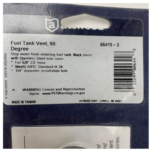 Вентиляційний бачок для пального Attwood Marine під кутом 90 градусів з нержавіючою сталевою кришкою для шланга 5/8 дюйма 