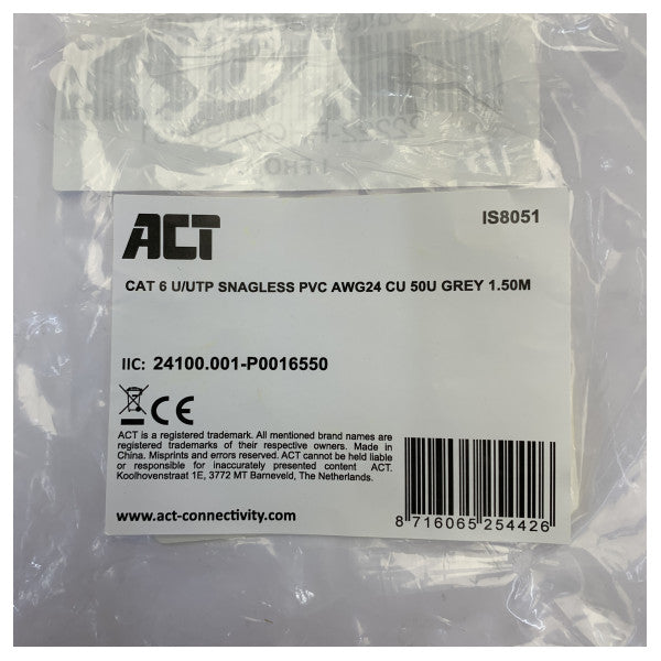 Advanced Cable Technologies Cat6 U/UTP Ethernet пач кабел 1.5m сив IS8051 
