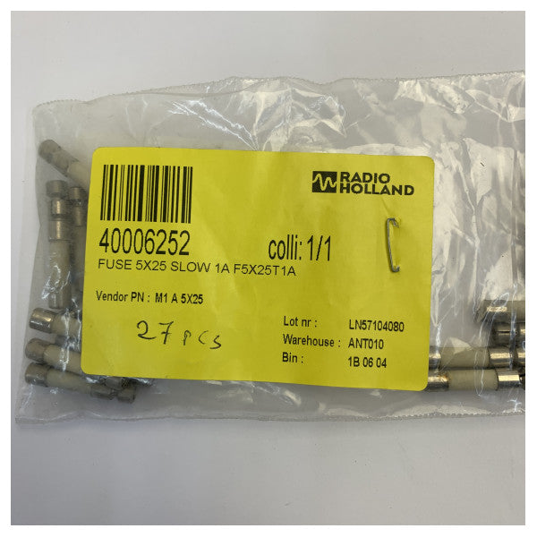 Glassäkring 5x25mm trög 1A - F5X25T1A - set om 27 delar 