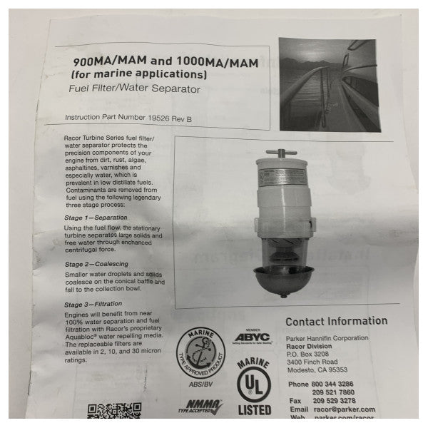 Судновий дизельний паливний фільтр і водовідділювач Parker Racor 900MAMP10 для надійного захисту двигуна