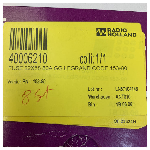 Legrand 153-80 Bladpatron Säkring 22x58mm 80A gG 