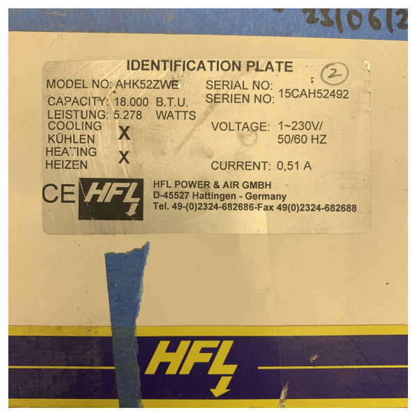 HFL AHK52ZWE 18000 BTU marine air handler without CPU