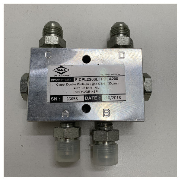 Valvola idraulica marina a doppio pilota DANA F.CPL2S08EFPDLA200 - Alluminio resistente 30L/min, 5 Bar