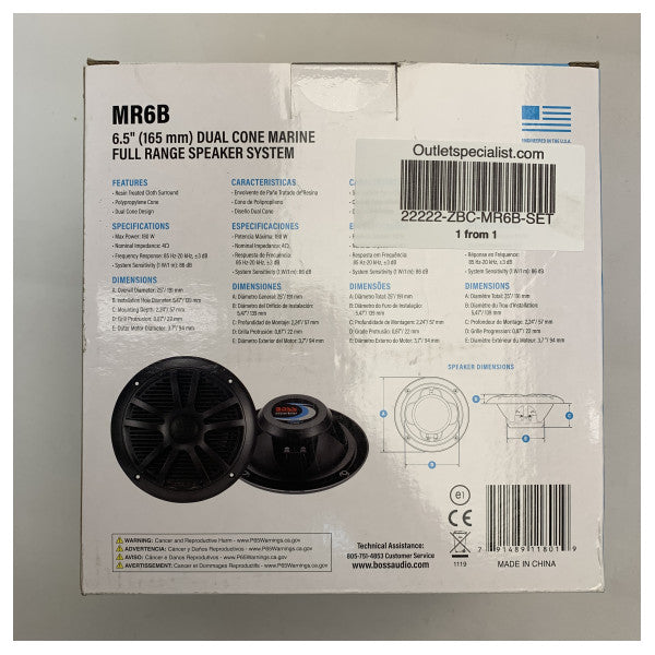 Boss Marine MR6B marine proof 180W speaker kit