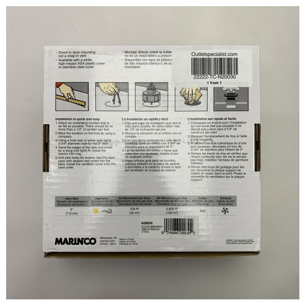 Marinco Solar Minivent 1000 Stainless Steel 3 Inch Fan