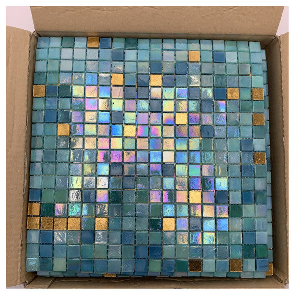 Sicis Glass Mosaic Tiles for Marine Use – Durable Blue-Green with Gold Accents, 15x15mm