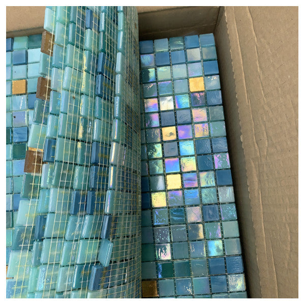 Sicis Glass Mosaic Tiles for Marine Use – Durable Blue-Green with Gold Accents, 15x15mm