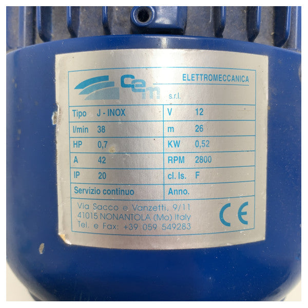 CEM J-INOX stainless steel 12V fresh water pump 38L/min