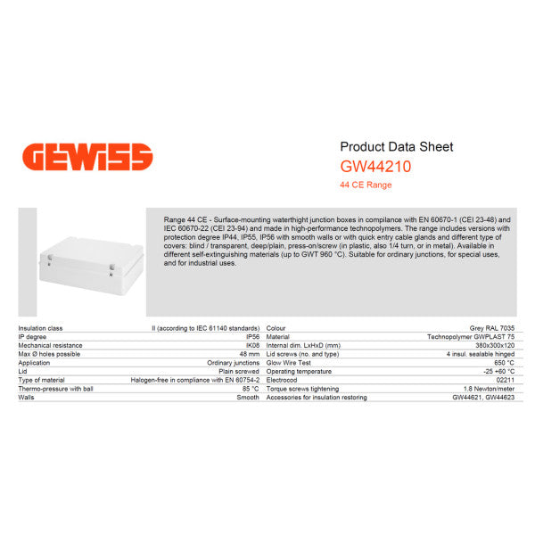 Gewiss IP56 grey electric junction box 380 x 300 x 120 mm - GW 44 210