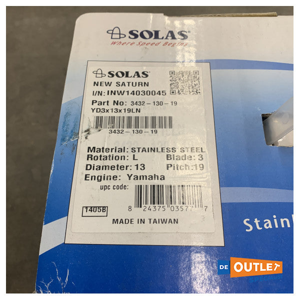 Solas YD3X 13 x 19 LN stainless steel propeller - 3432-130-19