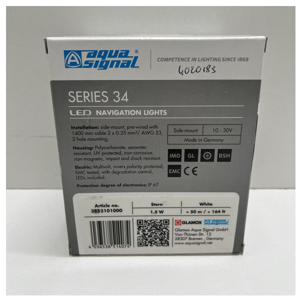 アクアシグナルシリーズ34 LEDスターンライトホワイト12/24V航海灯 - 3852101000