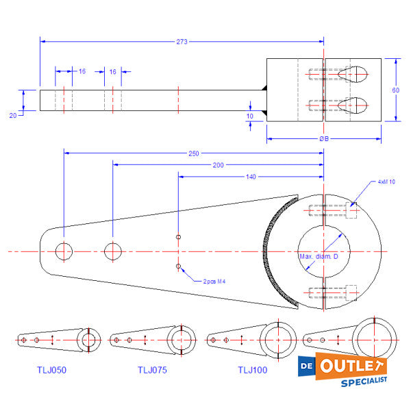 Jefa Aluminum Tiller Lever Arm 75 mm - TLJ075