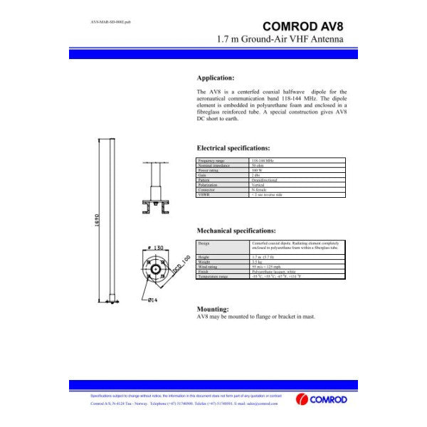 Comrod Antenna VHF AV8 1,7 M 2 DBI 118-144 MHz