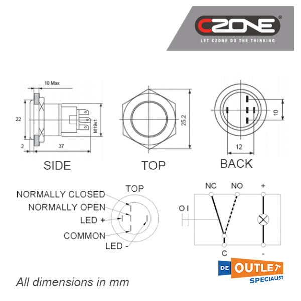 Czone push on/off switch RED 5A - 80-911-0060-00