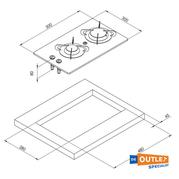 CAN 2-burner gas hub with Ceramic glass 480 x 280 - PV1357