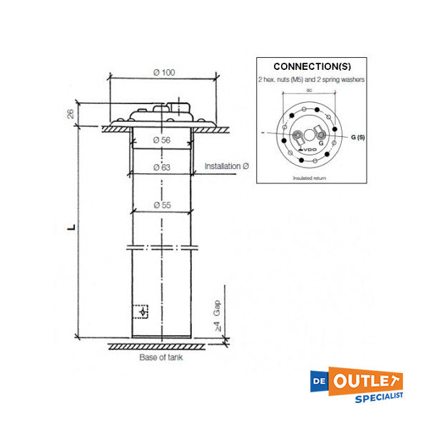 VDO-polttoainetason anturi 80 mm / 1045 mm - X10-224-021-005 - X10-224-021-005